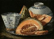 A Still-Life with Melon, an octagonal blue and white cup on a Silver Charger
